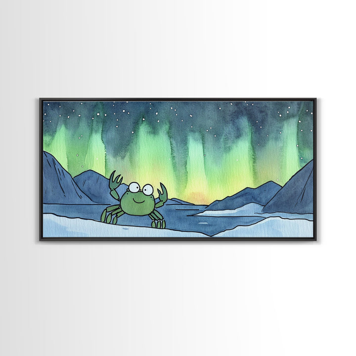 Cheerful Crab Under Northern Lights Wall Art, Whimsical Ocean Art Print, Coastal Nursery Decor, Kids Room Decor, Animal Wall Art