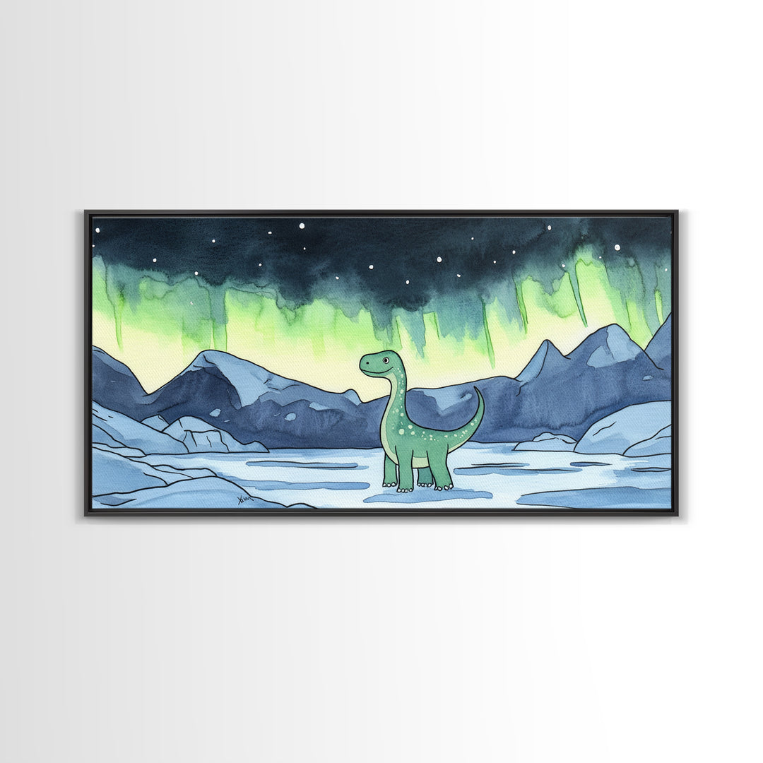 Friendly Loch Ness Dinosaur Under Aurora Wall Art, Whimsical Fantasy Art Print, Kids Room Decor, Nursery Wall Art, Lake Wall Art