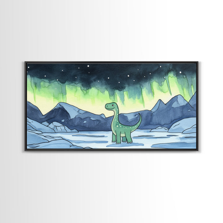 Friendly Loch Ness Dinosaur Under Aurora Wall Art, Whimsical Fantasy Art Print, Kids Room Decor, Nursery Wall Art, Lake Wall Art