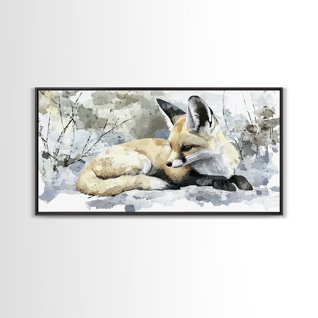 Resting Fennec Fox In Snow Watercolor Wall Art, Winter Wildlife Painting, Woodland Animal Decor, Nature Art Print Gift Idea