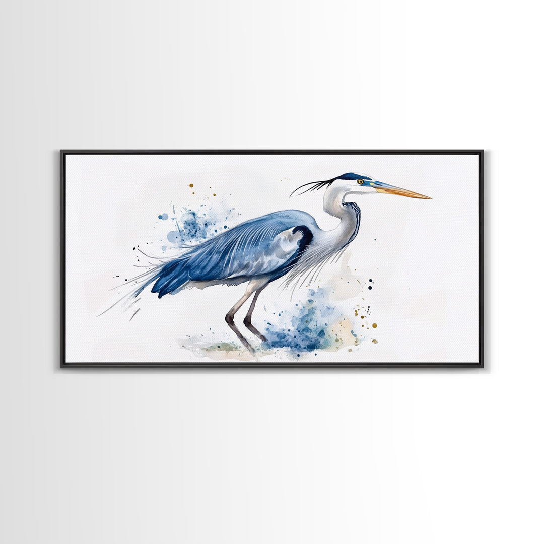 Blue Heron Watercolor Canvas Print, Elegant Coastal Bird Wall Art, Nautical Wildlife Decor, Beach House Living Room Art Print