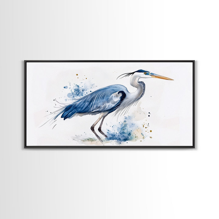 Blue Heron Watercolor Canvas Print, Elegant Coastal Bird Wall Art, Nautical Wildlife Decor, Beach House Living Room Art Print