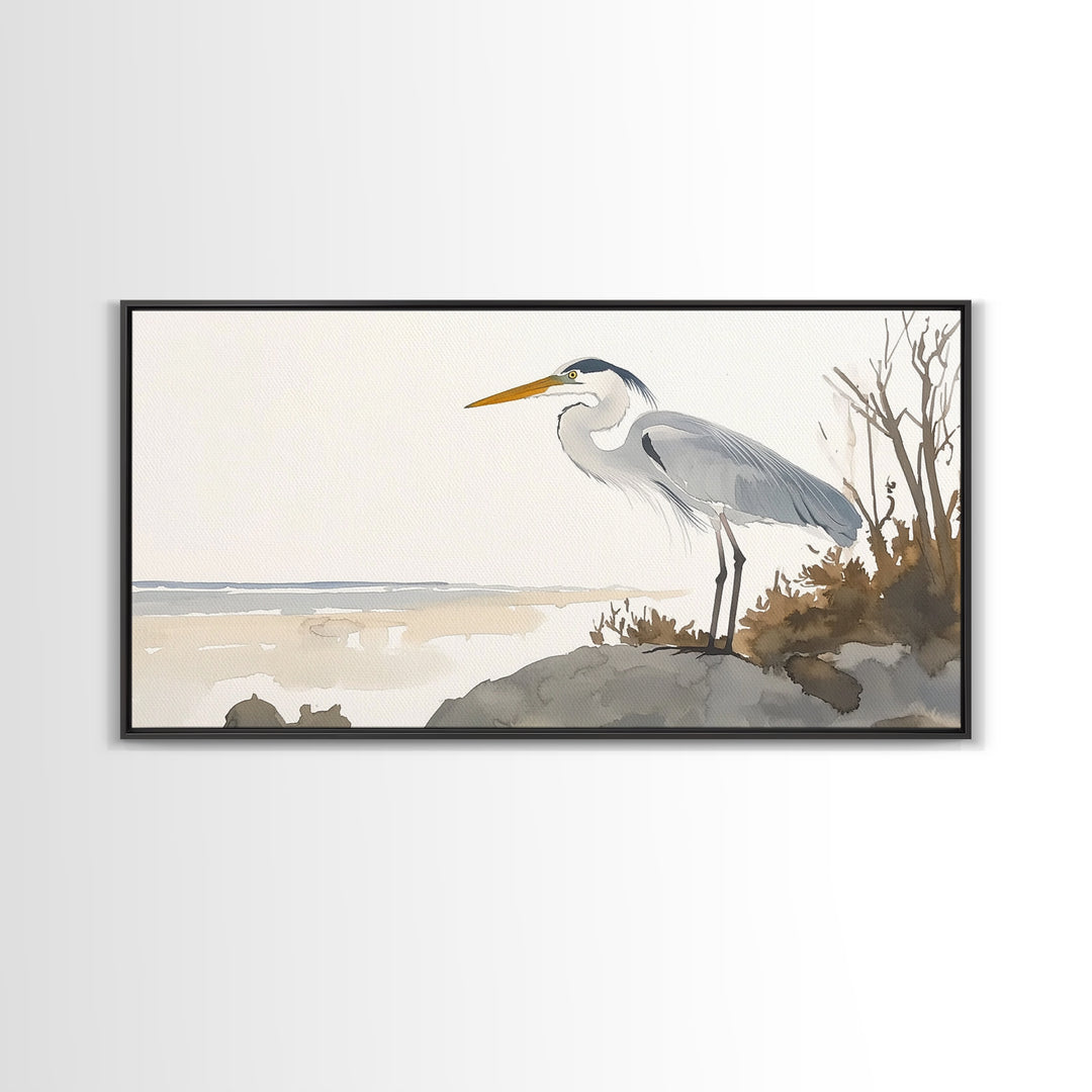 Coastal Great Blue Heron Wall Art, Serene Beach Landscape Watercolor, Nautical Bird Print, Beach House Living Room Decor