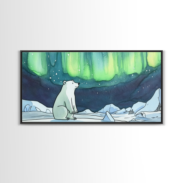 Polar Bear Northern Lights Canvas Print, Arctic Wildlife Wall Art, Aurora Borealis Nursery Decor, Whimsical Kids Room Gift