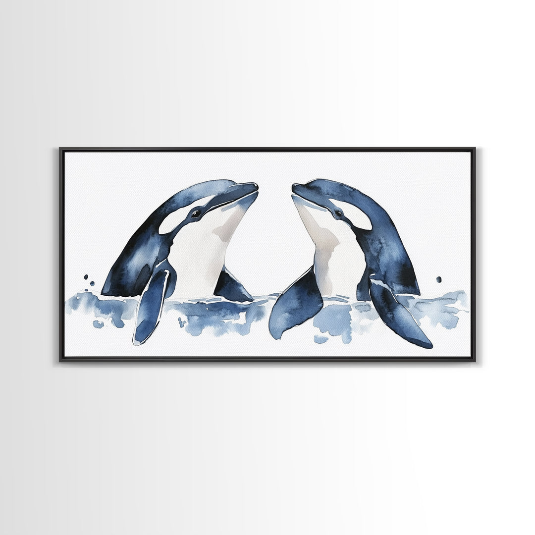 Two Orca Whales Rising From Blue Water Canvas Print, Minimalist Ocean Animal Wall Art, Coastal Nursery Decor, Gift For Her