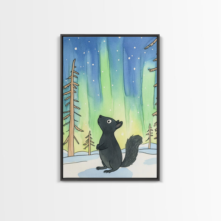 Whimsical Black Squirrel Aurora Wall Art, Northern Lights Nursery Decor, Woodland Animal Print, Winter Forest Kids Room Art