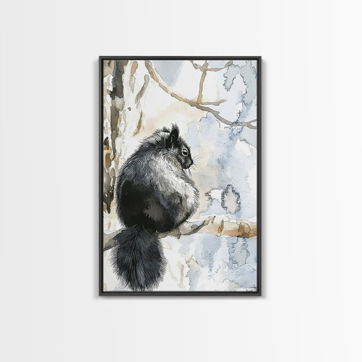 Black Squirrel Winter Branch Wall Art, Watercolor Wildlife Print, Rustic Nature Decor, Woodland Animal Art, Cabin Poster