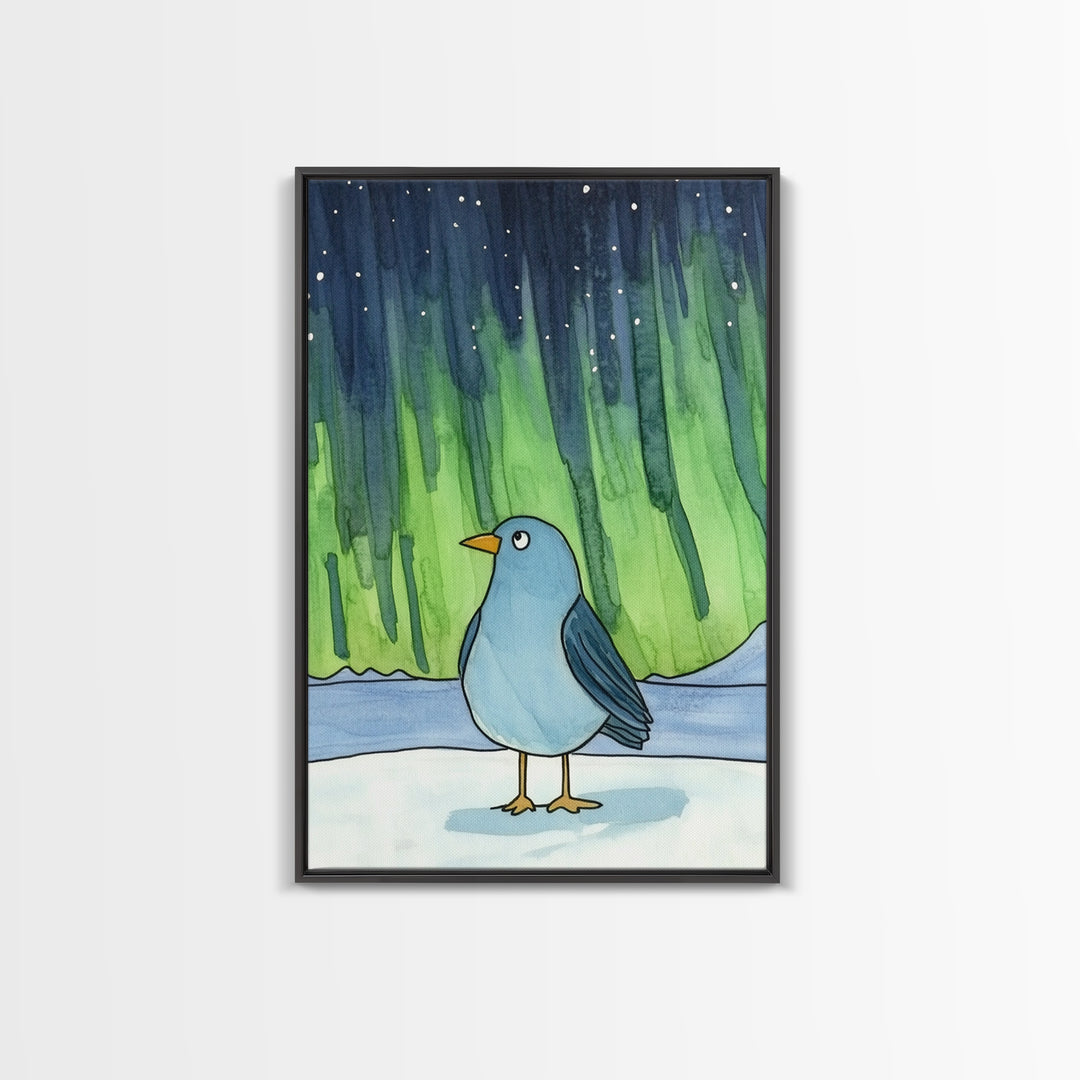 Whimsical Blue Bird Aurora Wall Art, Northern Lights Winter Decor, Nursery Animal Print, Kids Room Art, Celestial Poster