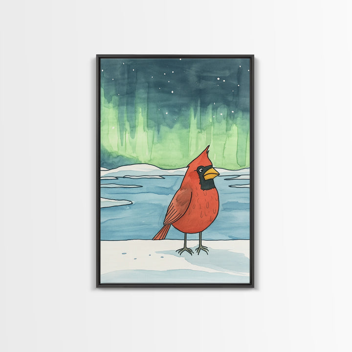 Cardinal Under Northern Lights Canvas Print, Winter Landscape Wall Art, Bird Art Print, Cozy Cabin Decor, Christmas Gift For Her