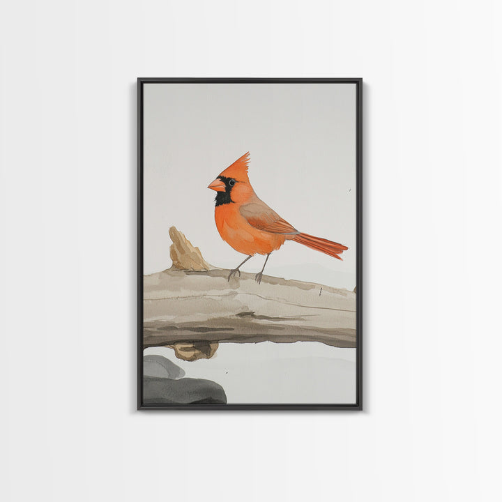 Bright Cardinal On Weathered Log Canvas Print, Winter Bird Wall Art, Rustic Nature Decor, Farmhouse Wall Decor, Gift For Her