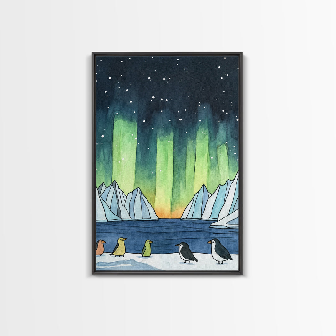 Penguins Under Northern Lights Canvas Print, Aurora Borealis Wall Decor, Arctic Animal Art, Kids Room Decor, Whimsical Nursery Art