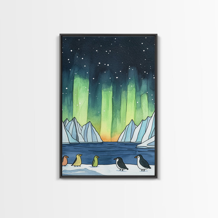 Penguins Under Northern Lights Canvas Print, Aurora Borealis Wall Decor, Arctic Animal Art, Kids Room Decor, Whimsical Nursery Art
