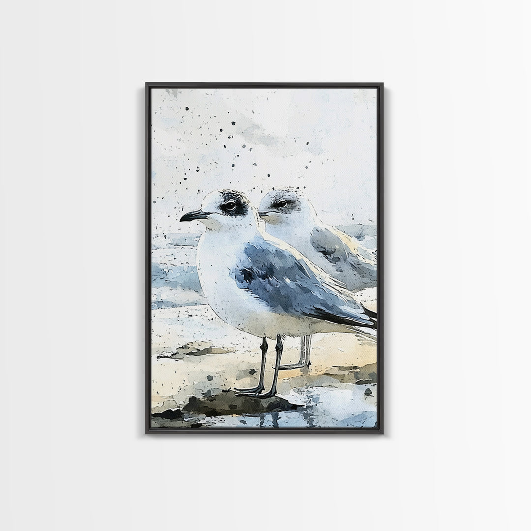 Two Seagulls On Sandy Beach Framed Canvas Print, Coastal Wall Art, Ocean Decor, Nautical Art Print, Beach House Decor Gift