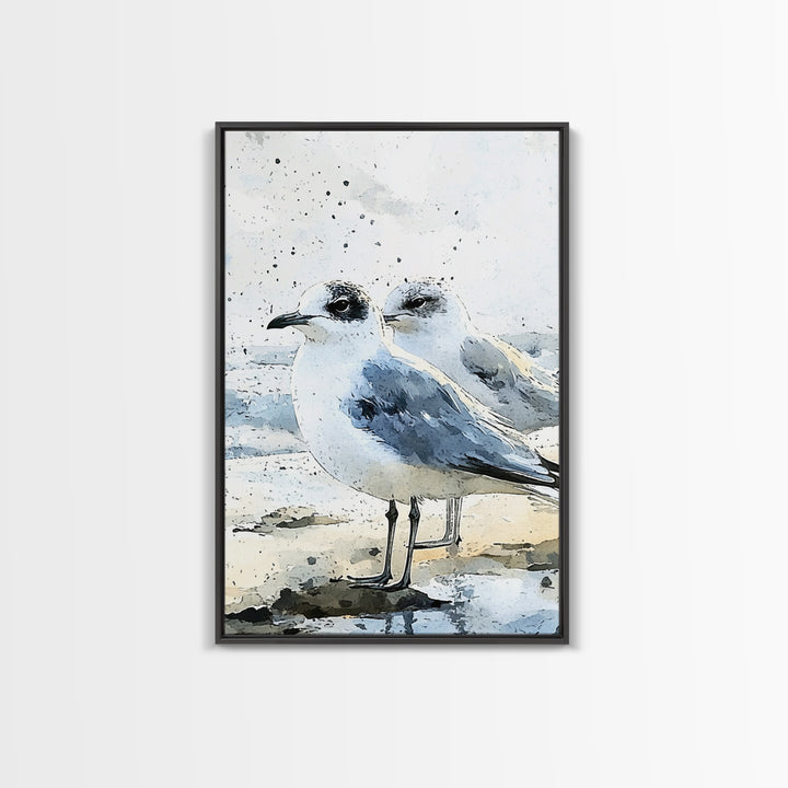 Two Seagulls On Sandy Beach Framed Canvas Print, Coastal Wall Art, Ocean Decor, Nautical Art Print, Beach House Decor Gift