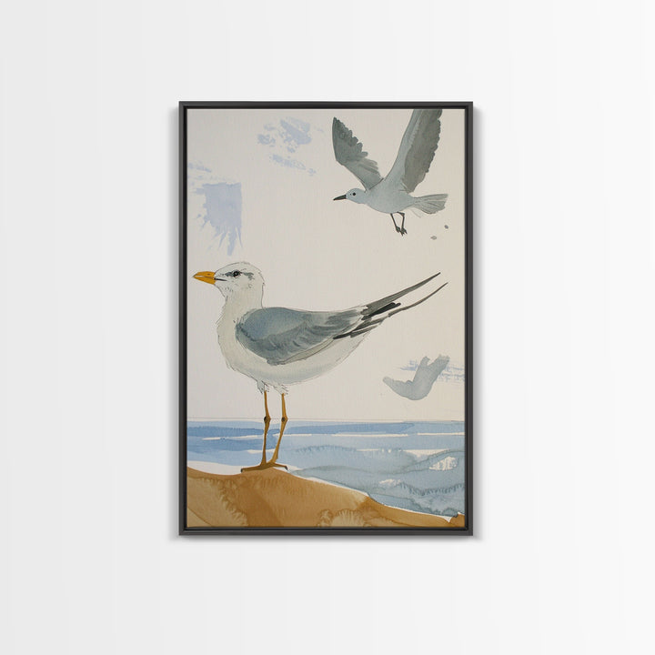 Minimal Seagulls Above Ocean Dune Canvas Print, Coastal Wall Art, Beach House Decor, Nautical Bird Print, Serene Bathroom Decor