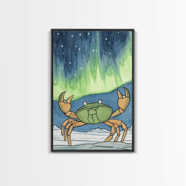 Whimsical Crab Under Northern Lights Wall Art, Coastal Animal Print, Ocean Nursery Decor, Kids Room Decor, Playful Beach House Art