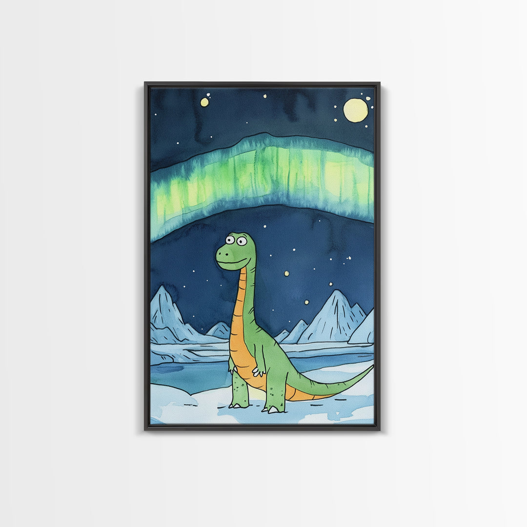 Cute Green Dinosaur Under Northern Lights Wall Art, Whimsical Nursery Decor, Kids Room Art, Arctic Adventure Canvas Print