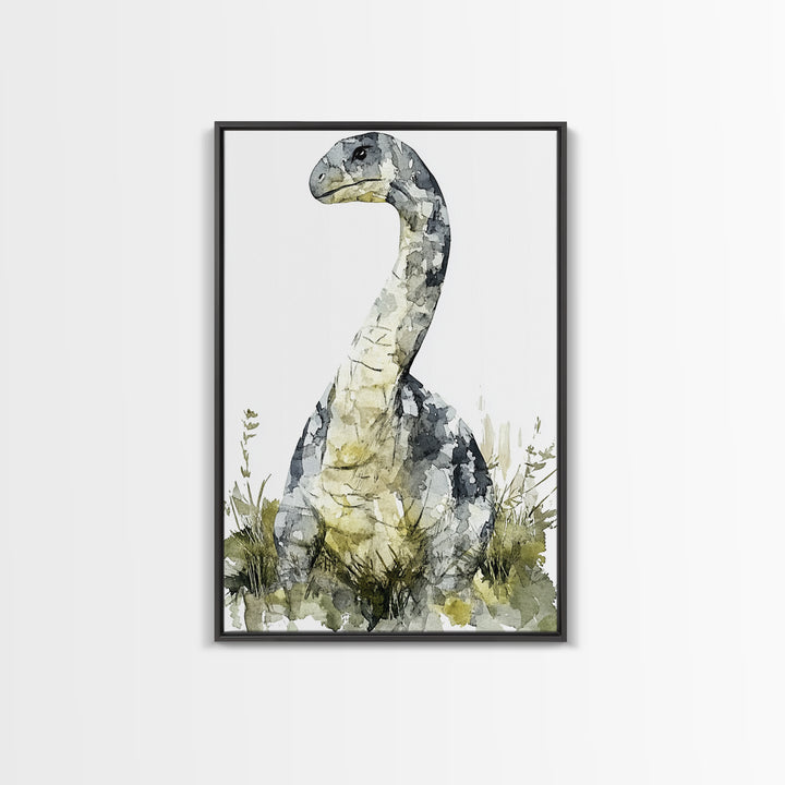 Gentle Long Neck Dinosaur Watercolor Wall Art, Neutral Nursery Decor, Animal Art Print, Kids Room Canvas Print, Baby Gift
