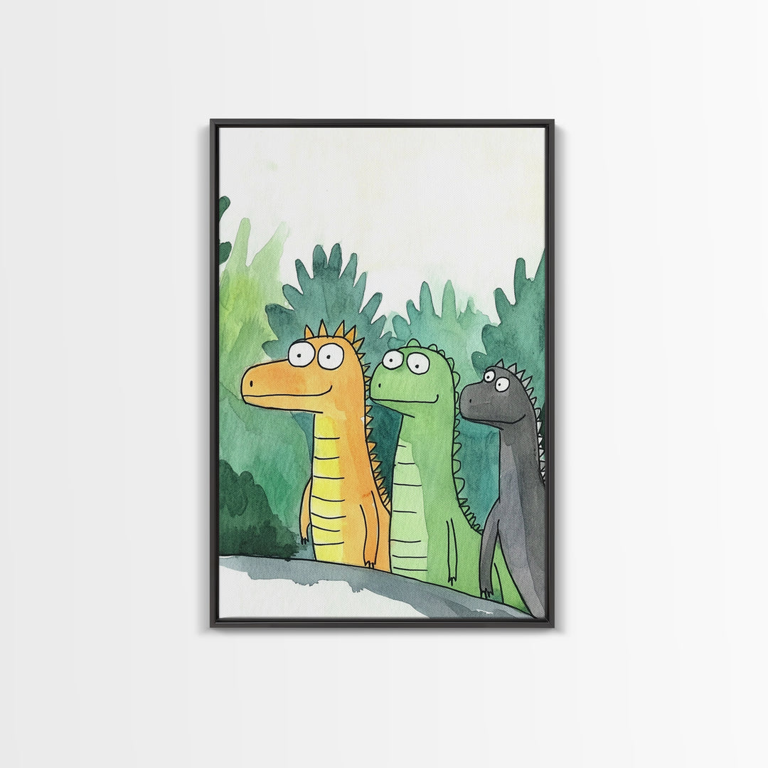 Three Cute Dinosaurs In Green Jungle Wall Art, Whimsical Animal Nursery Decor, Kids Room Art Print, Colorful Canvas Print