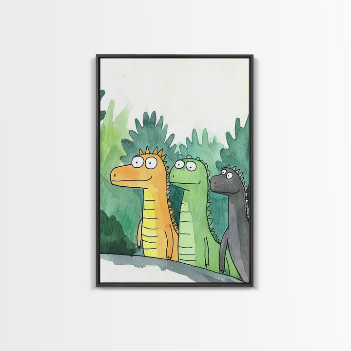 Three Cute Dinosaurs In Green Jungle Wall Art, Whimsical Animal Nursery Decor, Kids Room Art Print, Colorful Canvas Print
