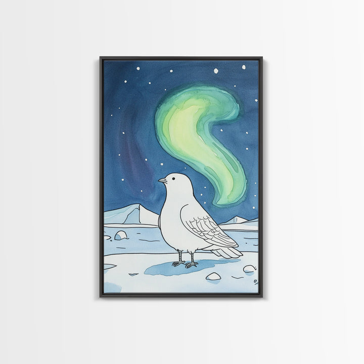 White Arctic Bird Beneath Northern Lights Wall Art, Winter Nature Decor, Celestial Bird Art Print, Peaceful Canvas Print