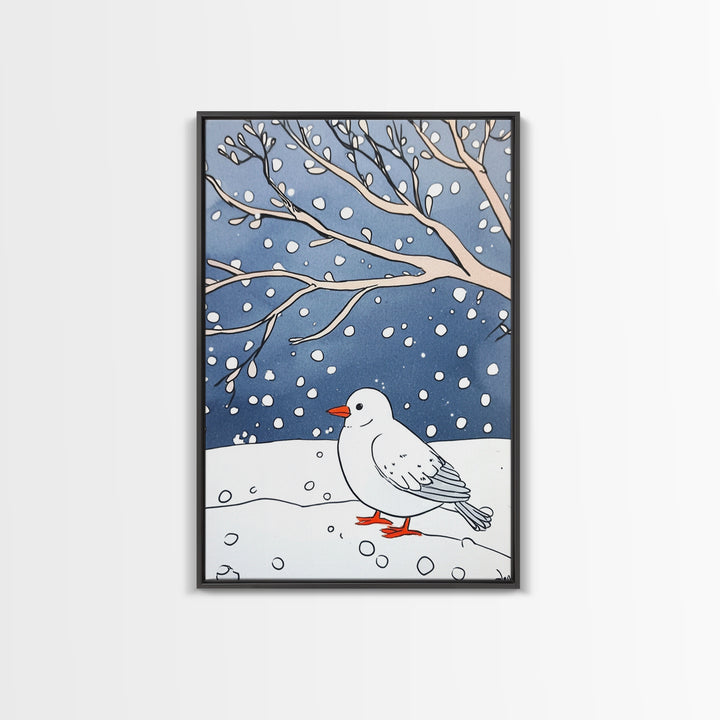 White Snow Bird Under Winter Branches Wall Art, Cozy Nature Decor, Minimalist Bird Art Print, Scandinavian Decor Canvas Print