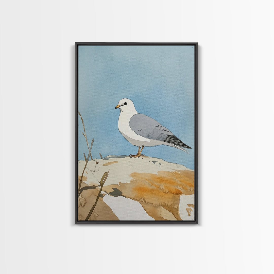 Coastal Seagull On Sunlit Rock Wall Art, Beach House Decor, Living Room Decor, Ocean Bird Art Print, Nautical Framed Canvas Print