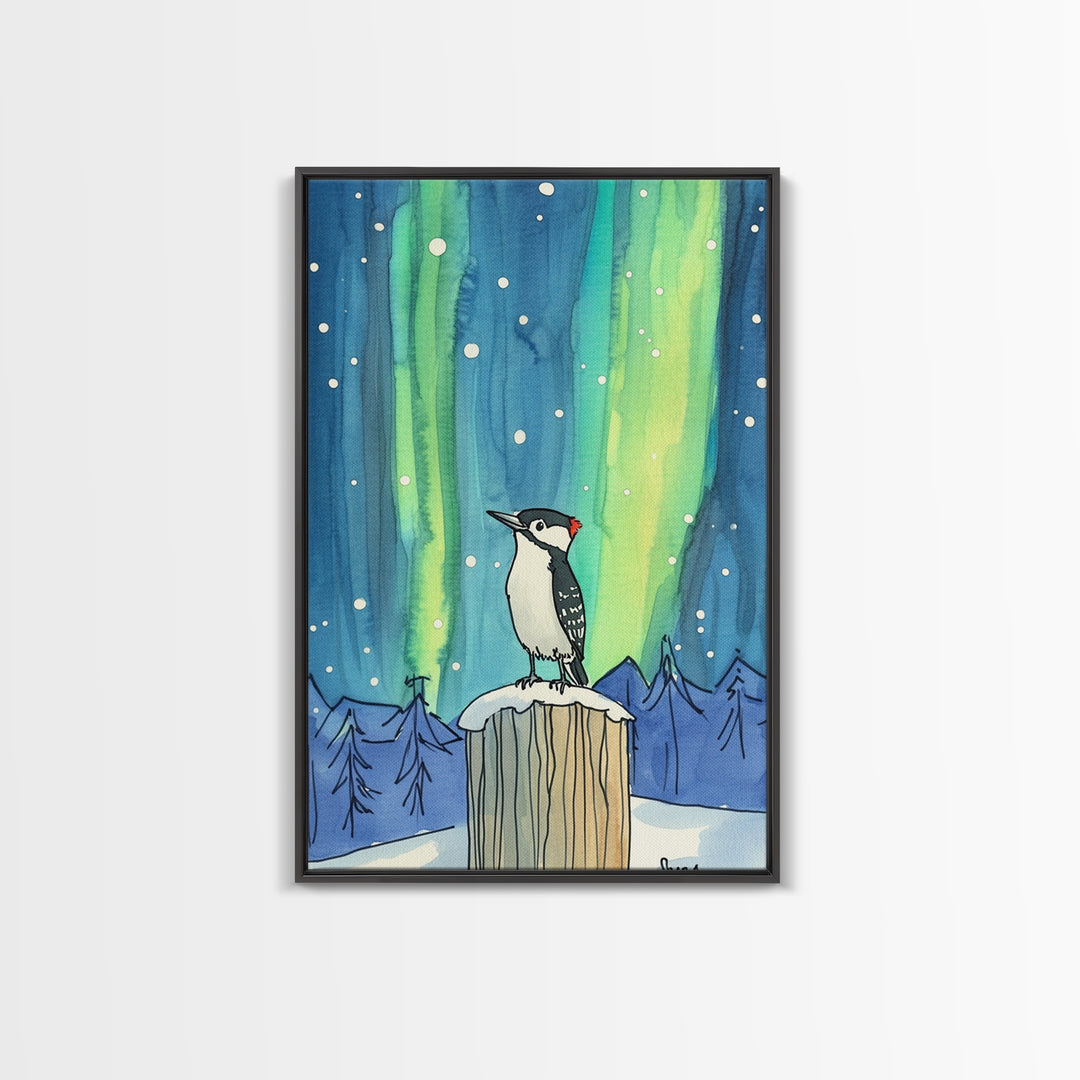 Woodpecker Under Aurora Snowy Forest Wall Art, Northern Lights Bird Art Print, Winter Nature Decor, Cozy Cabin Decor Canvas Print