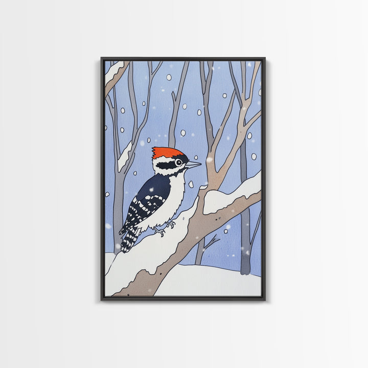 Red Capped Woodpecker In Snowy Winter Forest Wall Art, Woodland Bird Print, Nursery Decor, Rustic Cabin Decor, Nature Gift