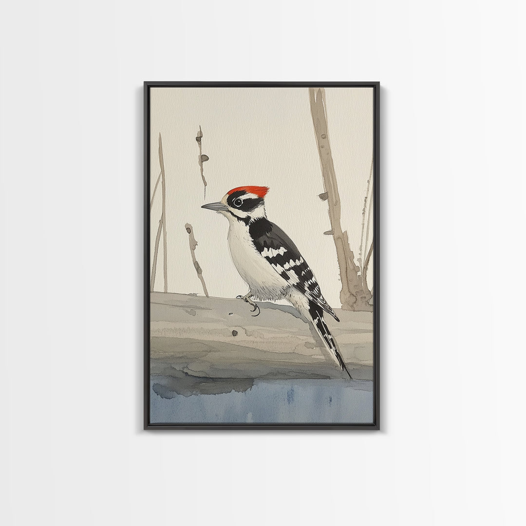 Red Crown Woodpecker On Winter Log Wall Art, Minimalist Bird Print, Woodland Nursery Decor, Rustic Nature Art, Cabin Decor