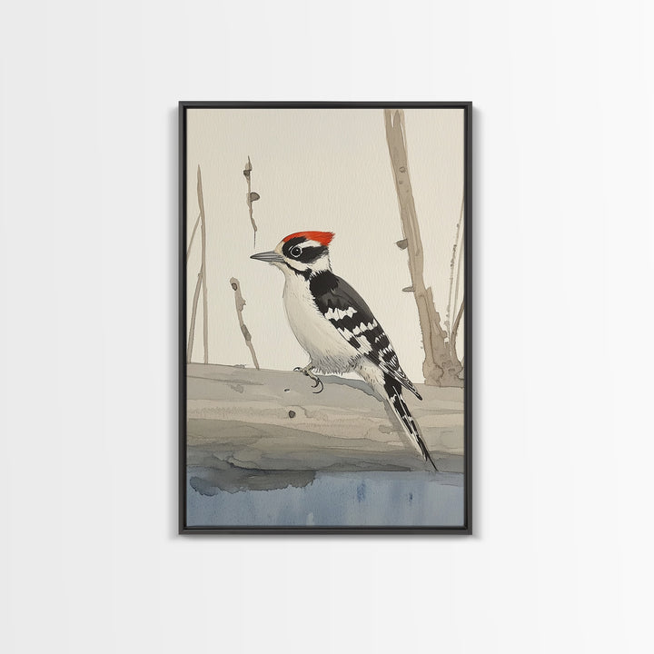 Red Crown Woodpecker On Winter Log Wall Art, Minimalist Bird Print, Woodland Nursery Decor, Rustic Nature Art, Cabin Decor