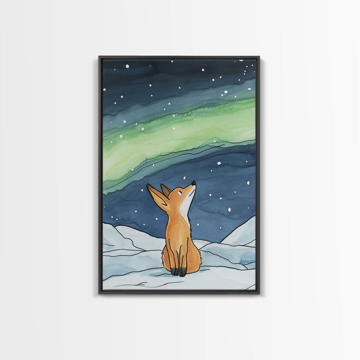 Fox Watching Northern Lights In Snow Canvas Print, Aurora Borealis Wall Art, Woodland Nursery Decor, Winter Cabin Decor, Gift