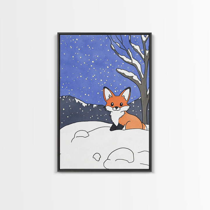 Cute Fox In Snowy Mountain Night Wall Art, Woodland Animal Print, Winter Nursery Decor, Cabin Wall Decor, Whimsical Art Print