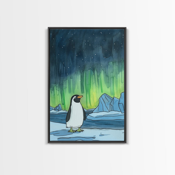 Penguin Under Northern Lights Canvas Print, Arctic Animal Wall Art, Kids Room Decor, Aurora Nursery Art, Gift For Him, Home Decor