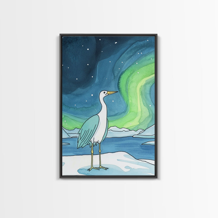 White Heron Under Northern Lights Canvas Print, Arctic Bird Wall Art, Coastal Nature Home Decor, Serene Nursery Gift For Her