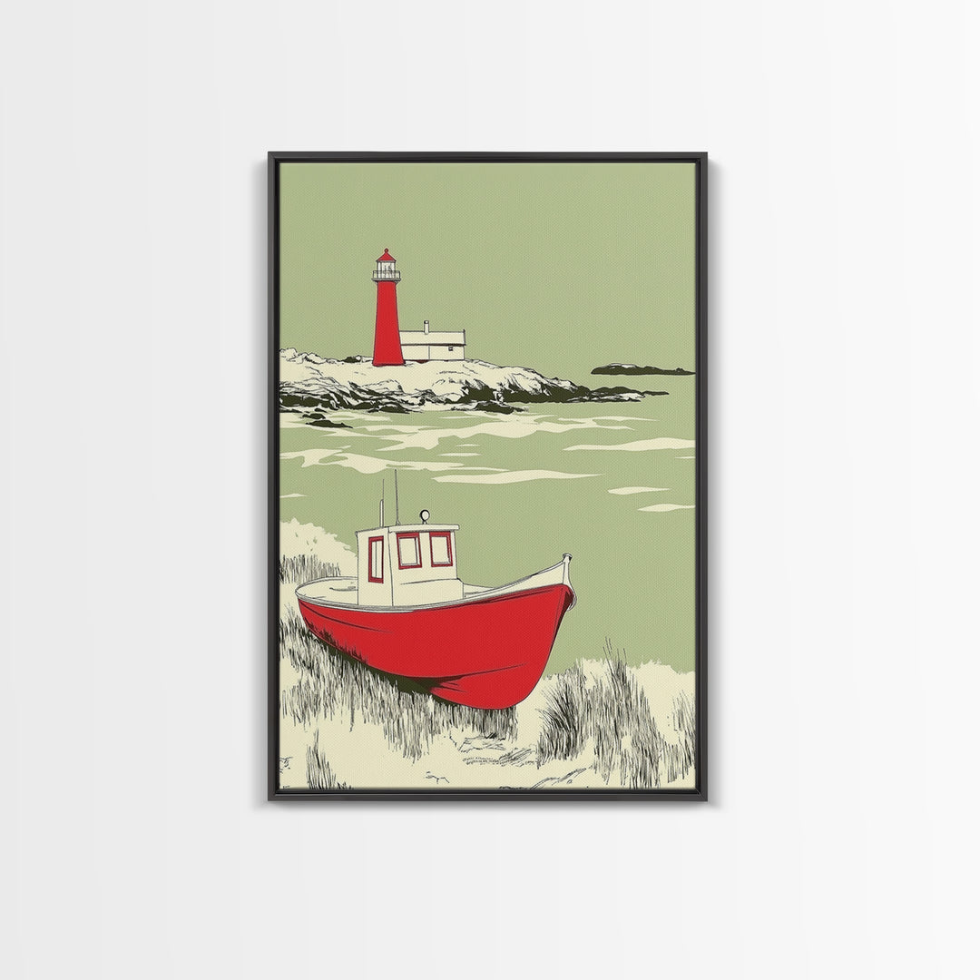 Red Fishing Boat And Lighthouse Canvas Print, Coastal Wall Art, Nautical Beach House Decor, Seascape Gift For Him, Living Room Decor
