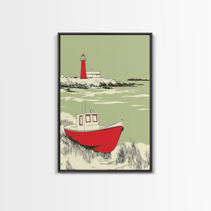Red Fishing Boat And Lighthouse Canvas Print, Coastal Wall Art, Nautical Beach House Decor, Seascape Gift For Him, Living Room Decor