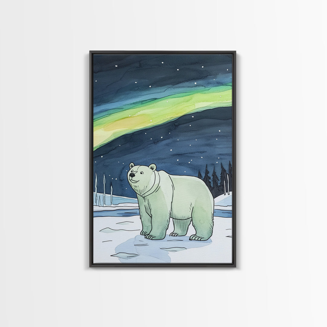 Polar Bear Under Northern Lights Wall Art, Arctic Wildlife Canvas Print, Winter Nature Decor, Nursery Gift For Kids Room