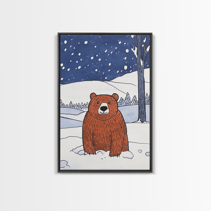 Brown Bear In Snowy Forest Wall Art, Woodland Animal Canvas Print, Rustic Nursery Decor, Winter Wildlife Gift For Kids Room Decor