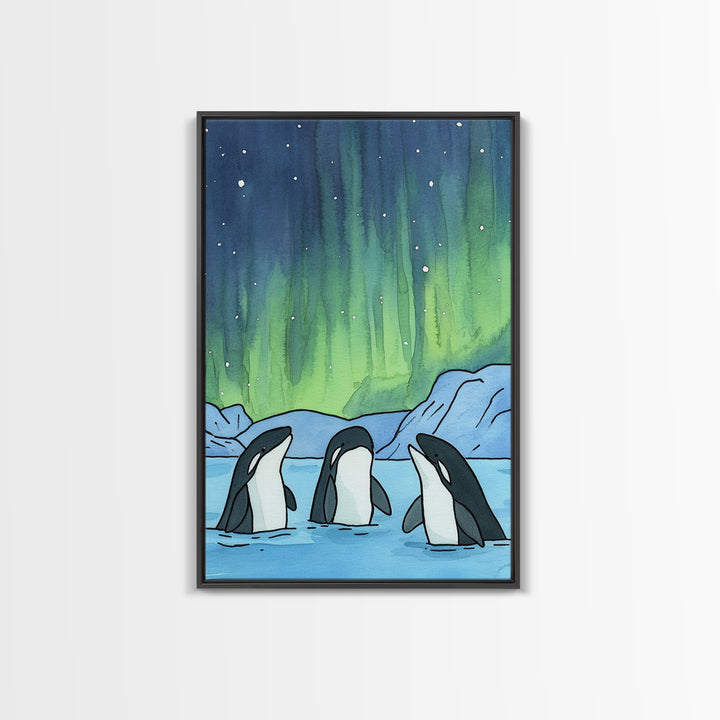Orca Whales Under Northern Lights Wall Art, Arctic Ocean Print, Marine Life Decor, Coastal Nursery Art, Whale Lover Gift