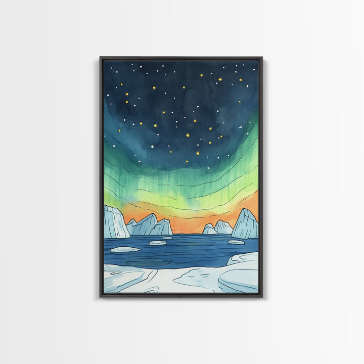 Northern Lights Over Icebergs Canvas Print, Arctic Ocean Wall Art, Aurora Seascape Decor, Coastal Landscape Gift For Her