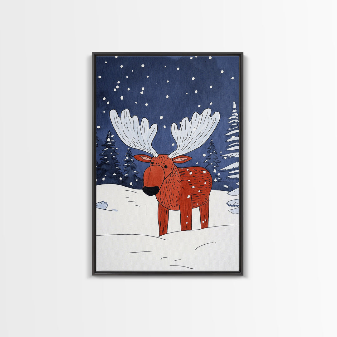 Red Whimsical Moose In Snowy Forest Canvas Print, Cute Animal Wall Art For Kids Room Decor And Nordic Winter Decor Gift Print
