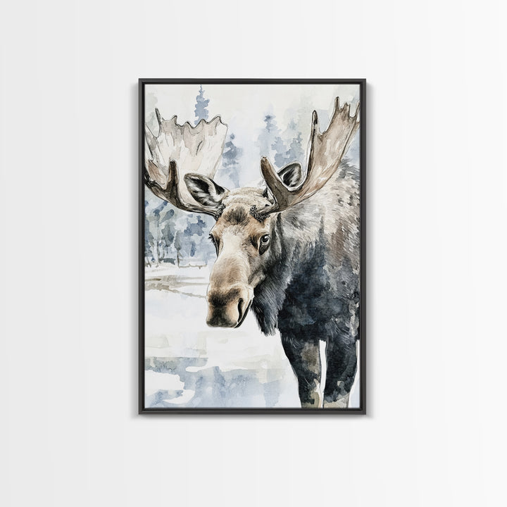 Realistic Moose Portrait In Snowy Pines Framed Canvas Print, Wildlife Wall Art For Rustic Cabin Decor And Nature Lover Gift