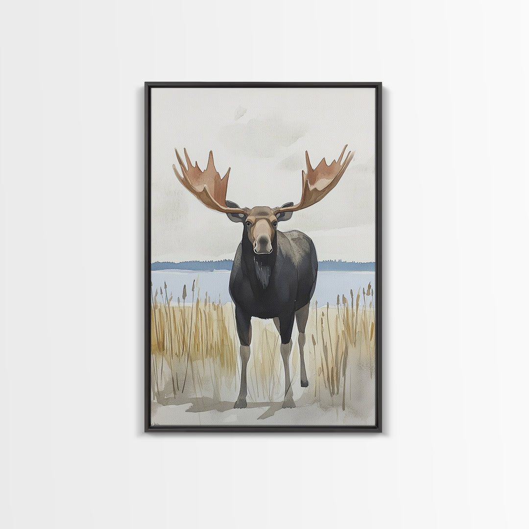 Standing Moose By Quiet Lake Canvas Print, Rustic Wildlife Wall Art For Cabin Decor, Nature Wall Art, And Housewarming Gift