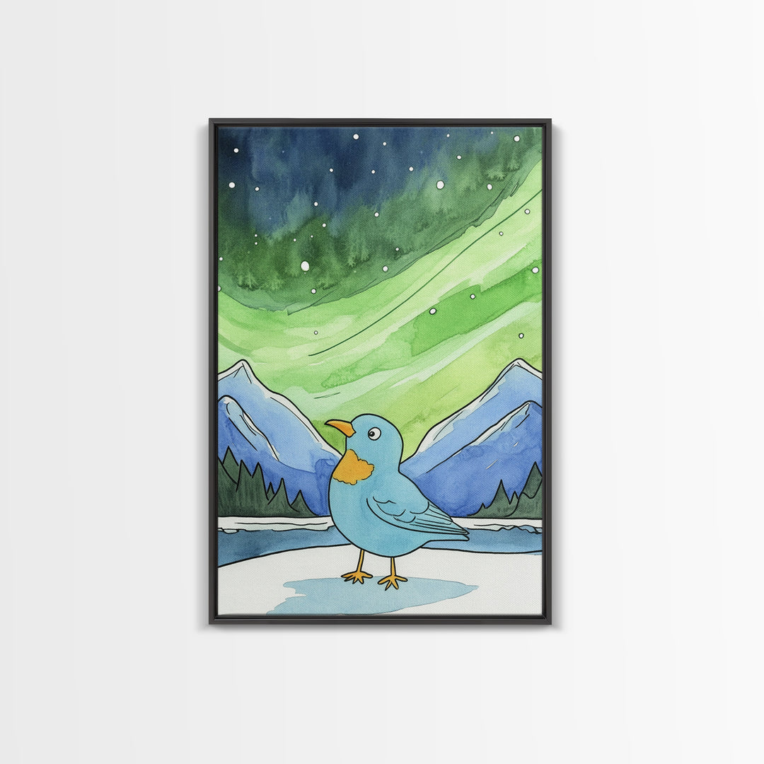 Blue Bird Beneath Green Aurora Canvas Print, Whimsical Animal Wall Art For Nursery Decor, Mountain Art, And Kids Room Decor