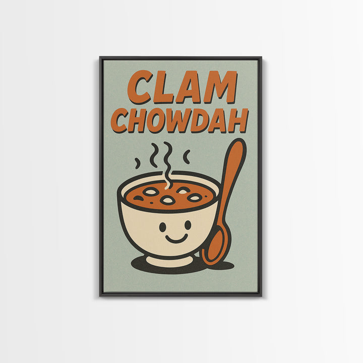 Cute Clam Chowdah Soup Bowl Wall Art, Funny Kitchen Art Print, Retro Food Poster, New England Coastal Home Decor Gift Idea