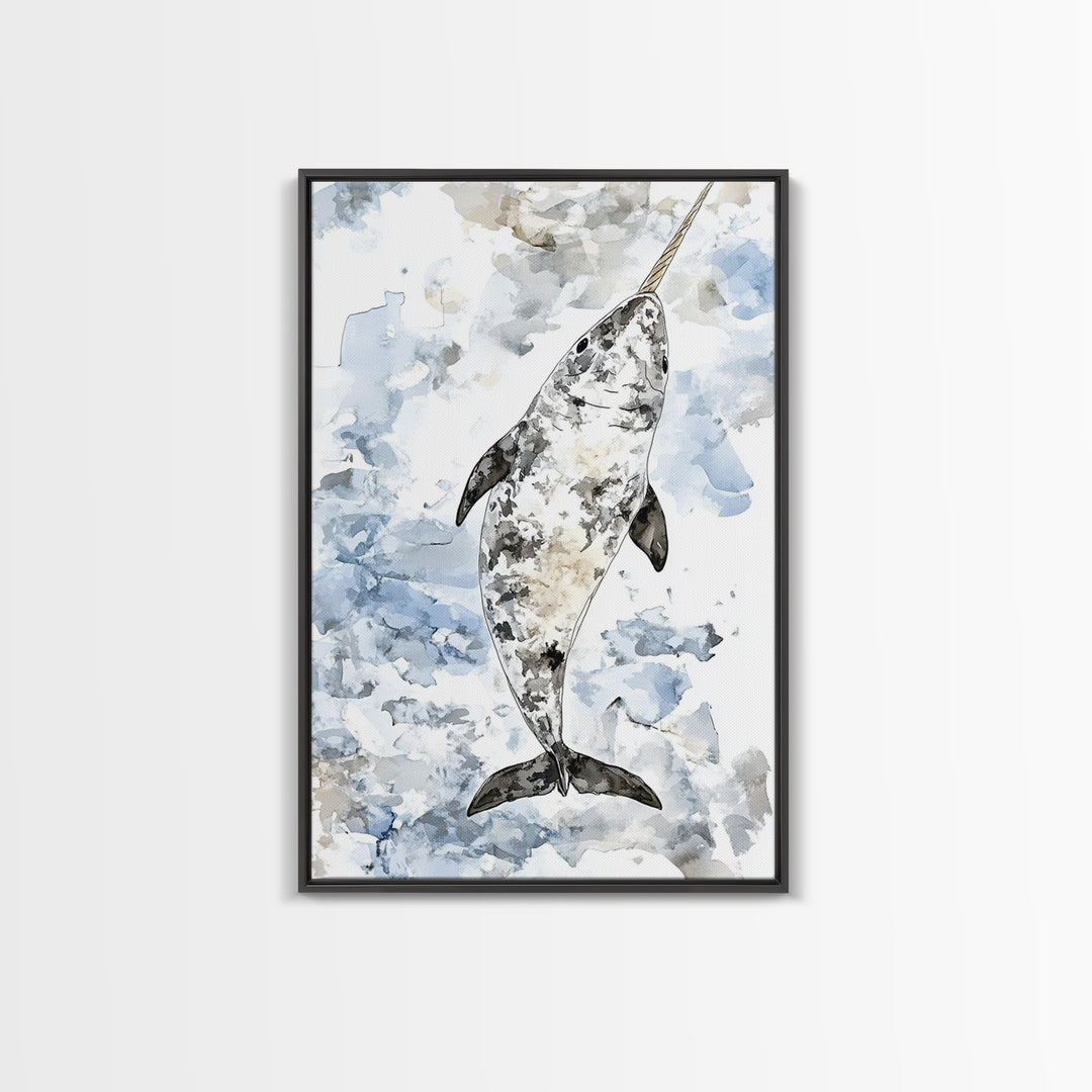 Speckled Narwhal Whale Watercolor Framed Canvas Print, Marine Life Wall Art, Ocean Animal Nursery Decor And Coastal Gift