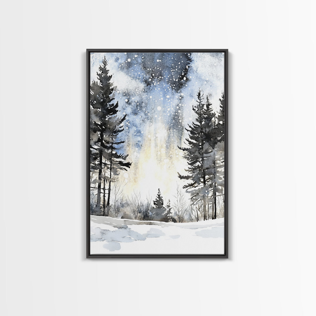 Snowy Night Pine Forest Framed Canvas Print, Winter Landscape Wall Art, Moody Nature Decor For Cabin Living Room Gift Idea