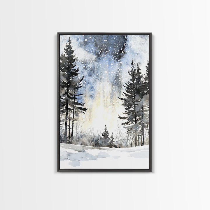 Snowy Night Pine Forest Framed Canvas Print, Winter Landscape Wall Art, Moody Nature Decor For Cabin Living Room Gift Idea