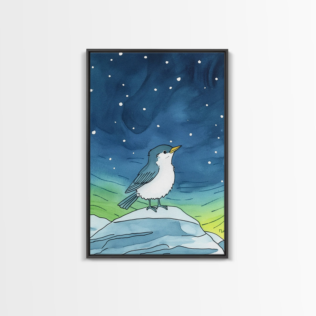 Cute Arctic Bird On Ice Under Aurora Canvas Print, Whimsical Animal Wall Art, Nursery Decor And Kids Room Decor Gift For Bird Lover